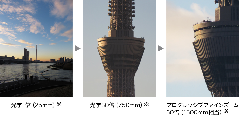 「光学30倍ズーム」「プログレッシブファインズーム60倍」